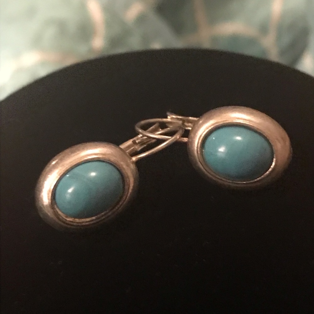 Turquoise Colored Stone in Silver Tone Earrings